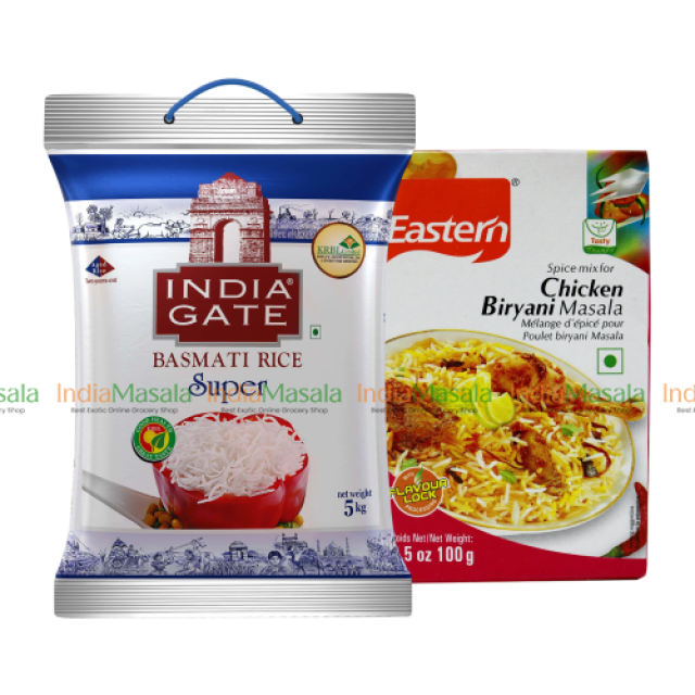 COMBO PACK  EASTERN CHICKEN BIRYANI MASALA - 100g + INDIA GATE BASMATI RICE PREMIUM -1Kg