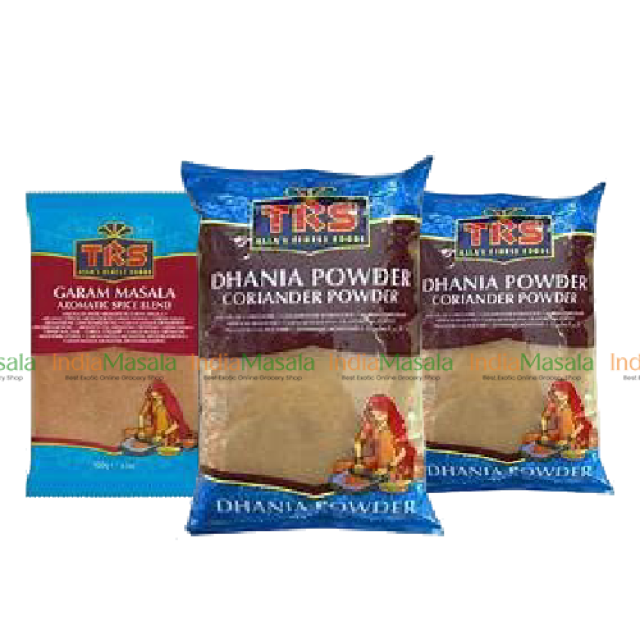 COMBO PACK  TRS CORIANDER/DHANIA POWDER - 100g + TRS GARAM MASALA POWDER - 100g + TRS HALDI/TURMERIC POWDER - 100g