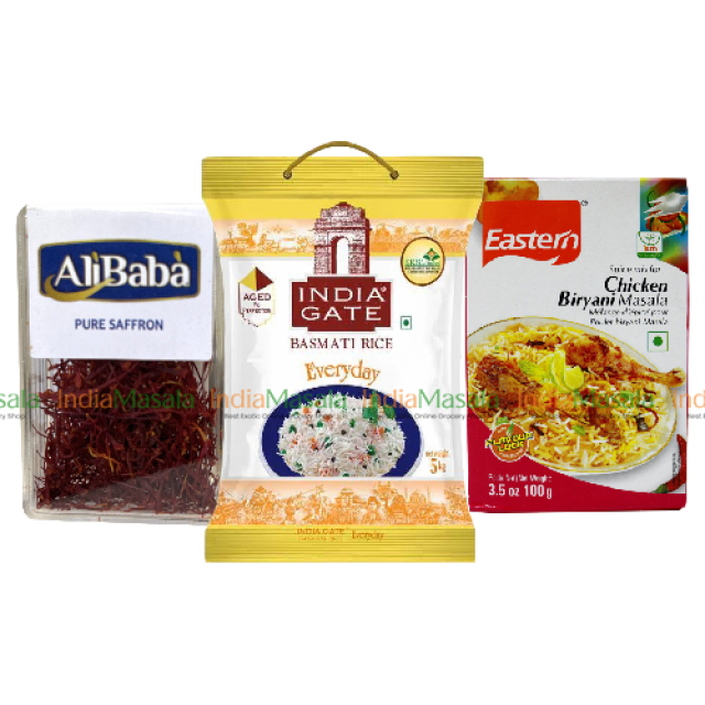 COMBO PACK  EASTERN CHICKEN BIRYANI MASALA - 100g + INDIA GATE EVERYDAY BASMATI RICE - 5Kg + ALI BABA PURE SAFFRON - 1g