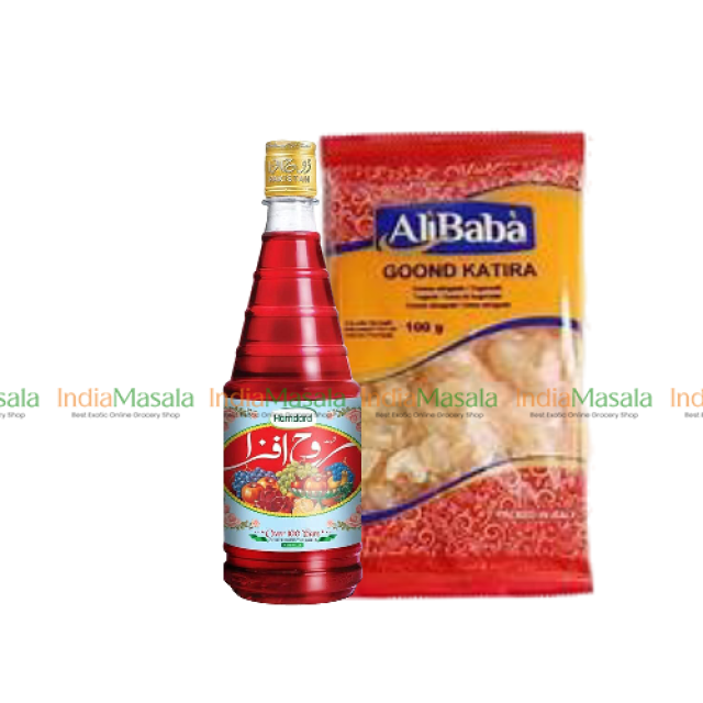 COMBO PACK  ROOHAFZA SHARBAT (HAMDARD PAKISTAN) ROSE - 800ml + ALI BABA GOOND KATIRA - 100g